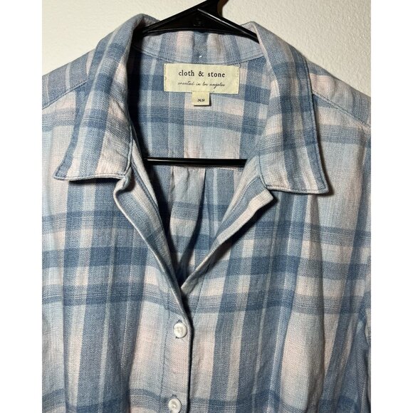 Anthropologie Cloth & Stone Women’s Blouse XS Blue Pink Plaid Tie-Front Crop - Picture 9 of 10